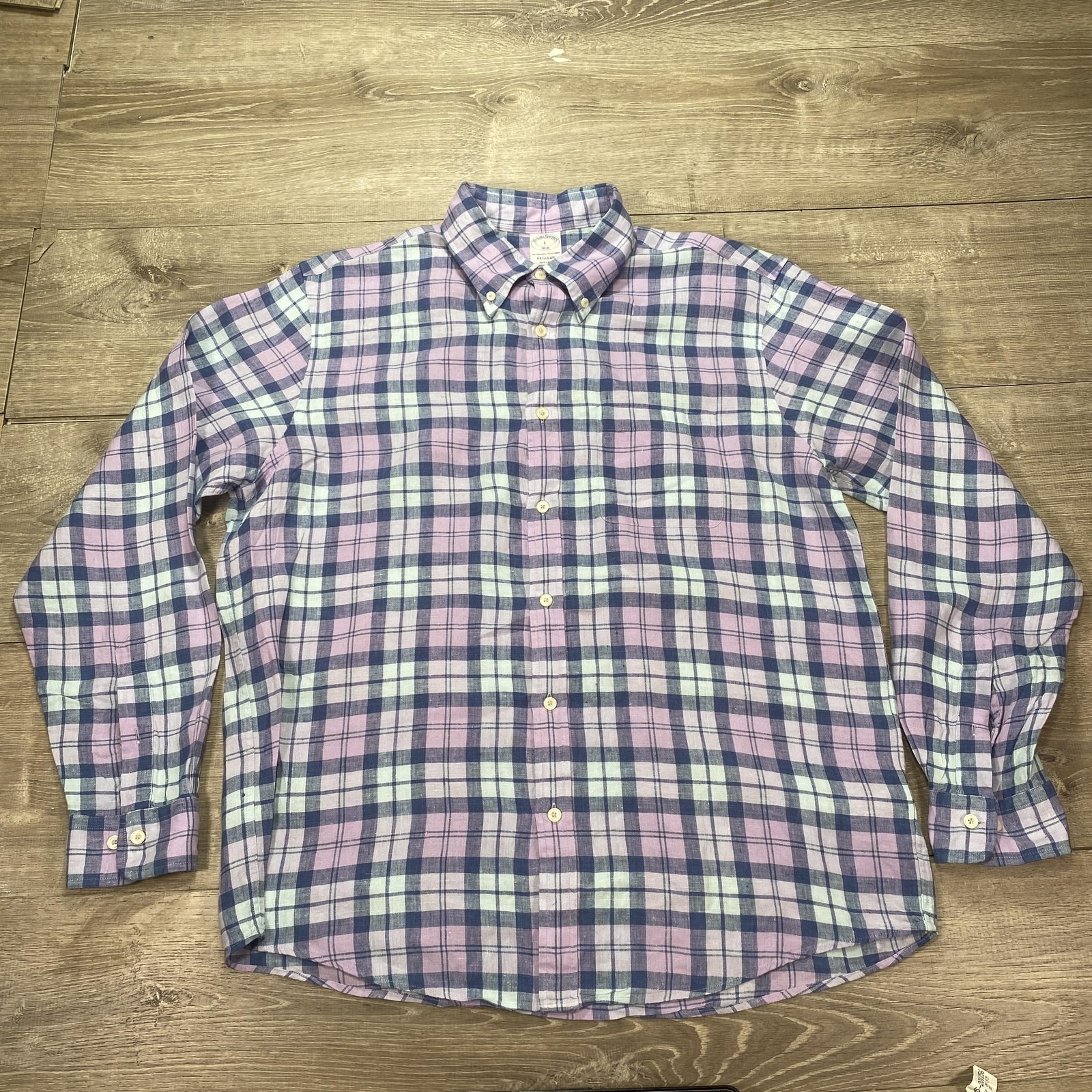 Brooks Brothers Shirt Men Large 100% Linen Purple Plaid Button Down Long Sleeve
